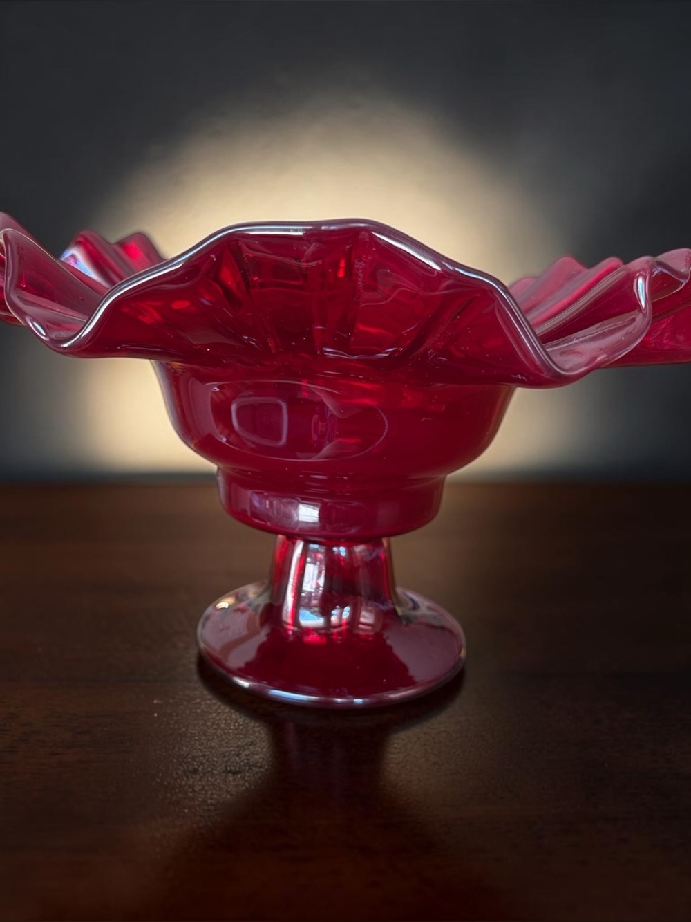 Vintage Fenton Ruby Red Thumbprint Glass Compote Ruffled Candy Dish - Picture 12 of 14